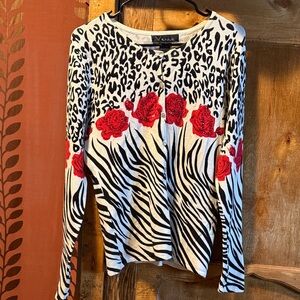 Avenue Women's Black and White Animal Print Top with Red Floral Design